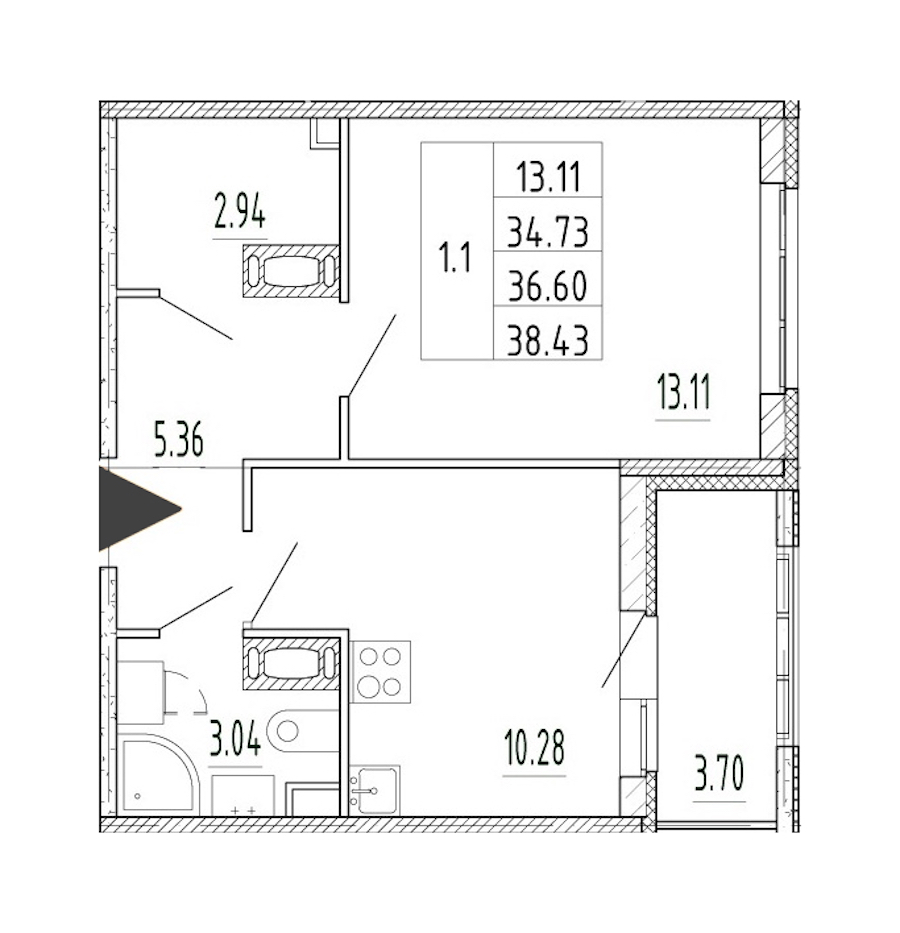 1-комнатная квартира 34.73 м², 13/13 эт., ЖК «Полис Приморский 2»